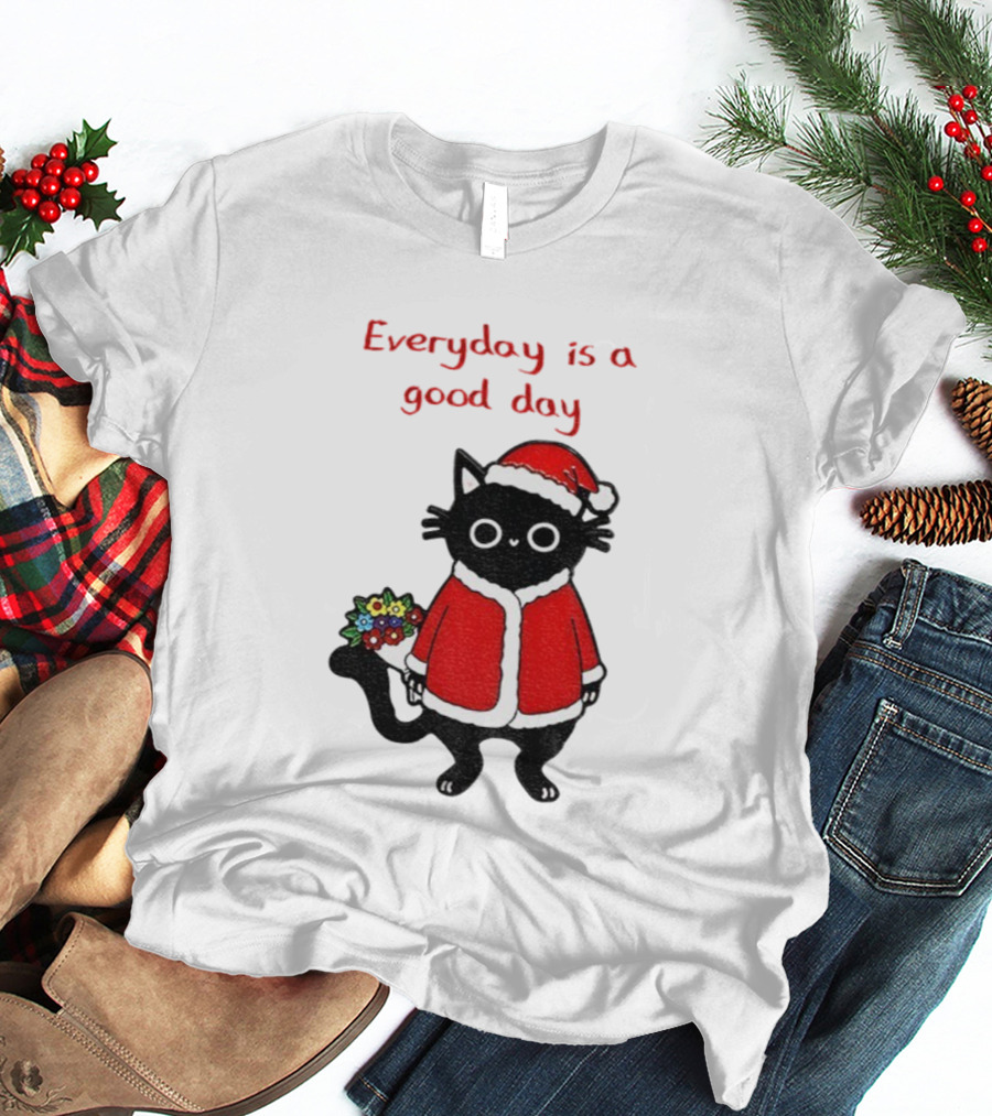 Everyday Is A Good Day Black Cat Santa Merry Christmas T-Shirt