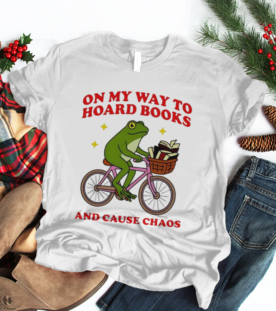 Frog On Bicycle Journey To Hoard Books And Cause Chaos T-Shirt