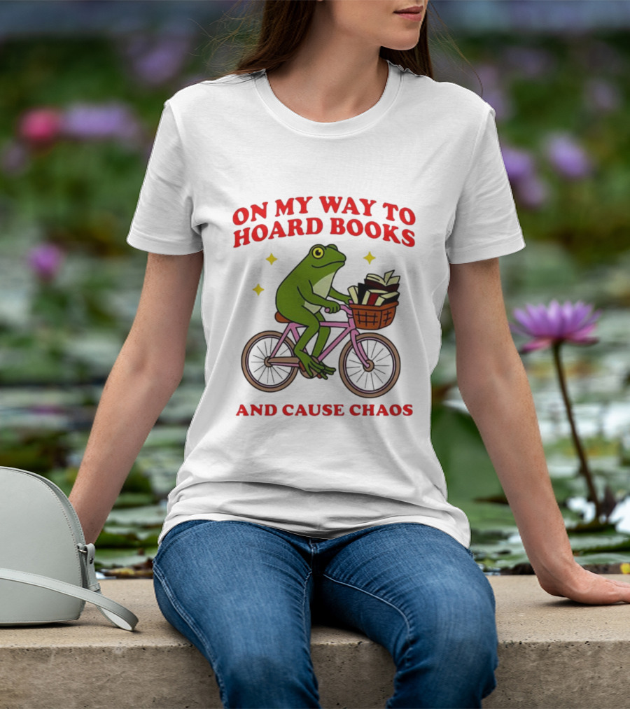 Frog On Bicycle Journey To Hoard Books And Cause Chaos T-Shirt
