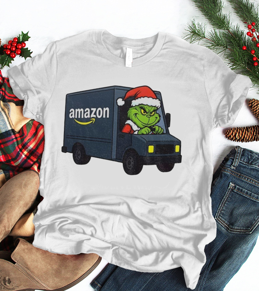 Grinch Santa Claus Driving Amazon Truck Merry Christmas Humor T-Shirt