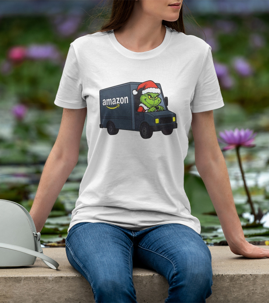 Grinch Santa Claus Driving Amazon Truck Merry Christmas Humor T-Shirt