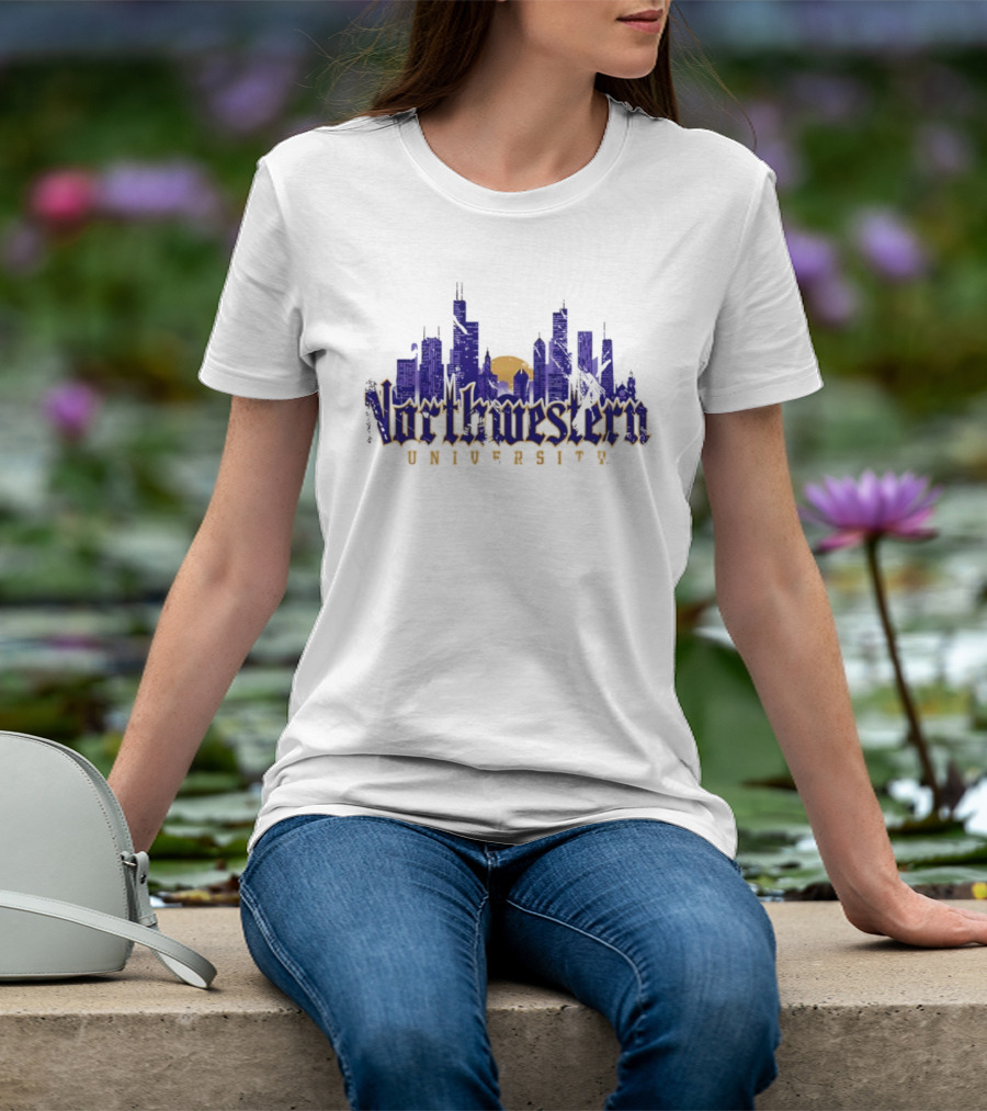 Northwestern University Chicago Skyline Gothic Style T-Shirt