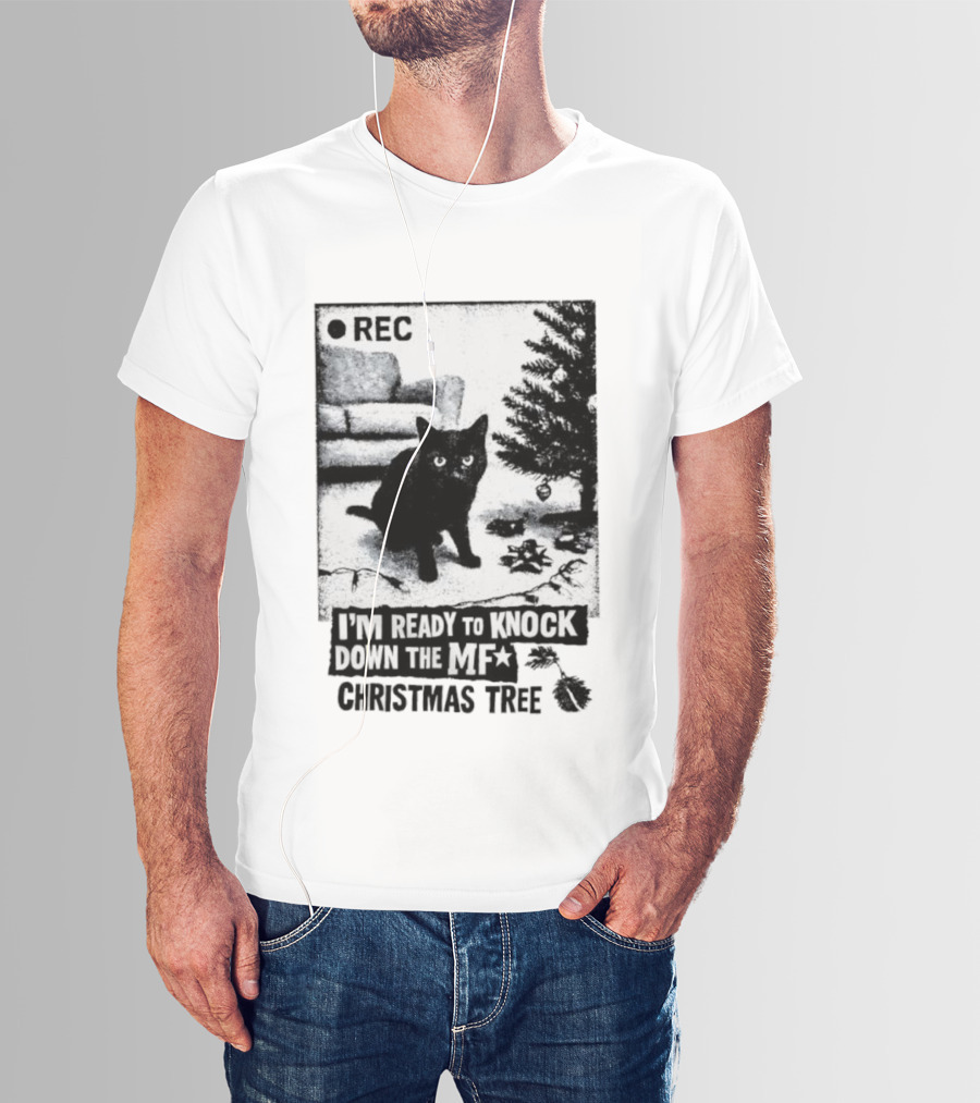REC Black Cat Ready To Knock Down The MF Christmas Tree T-Shirt
