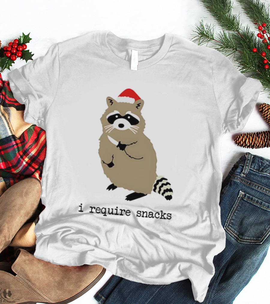Raccoon Santa Hat I Require Snacks Festive Holiday Humor T-Shirt