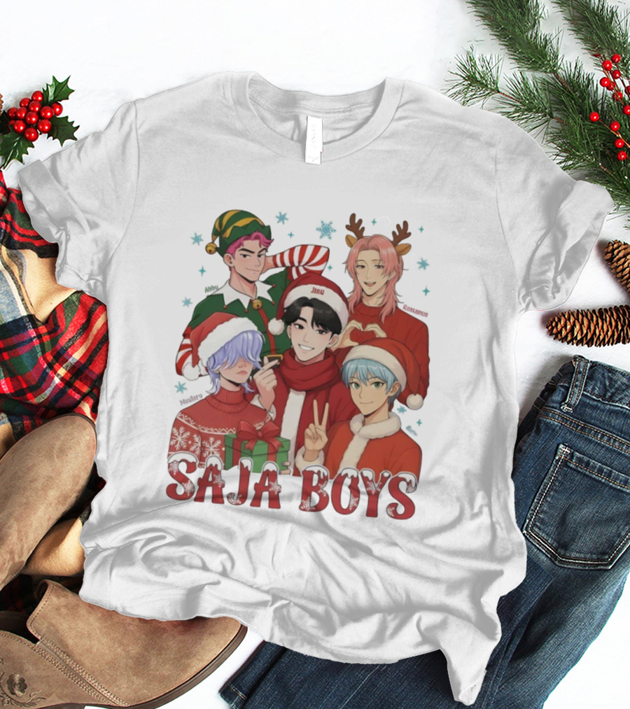 Saja Boys Kpop Christmas 2025 Festive Characters In Santa Hats And Elf Outfits T-Shirt