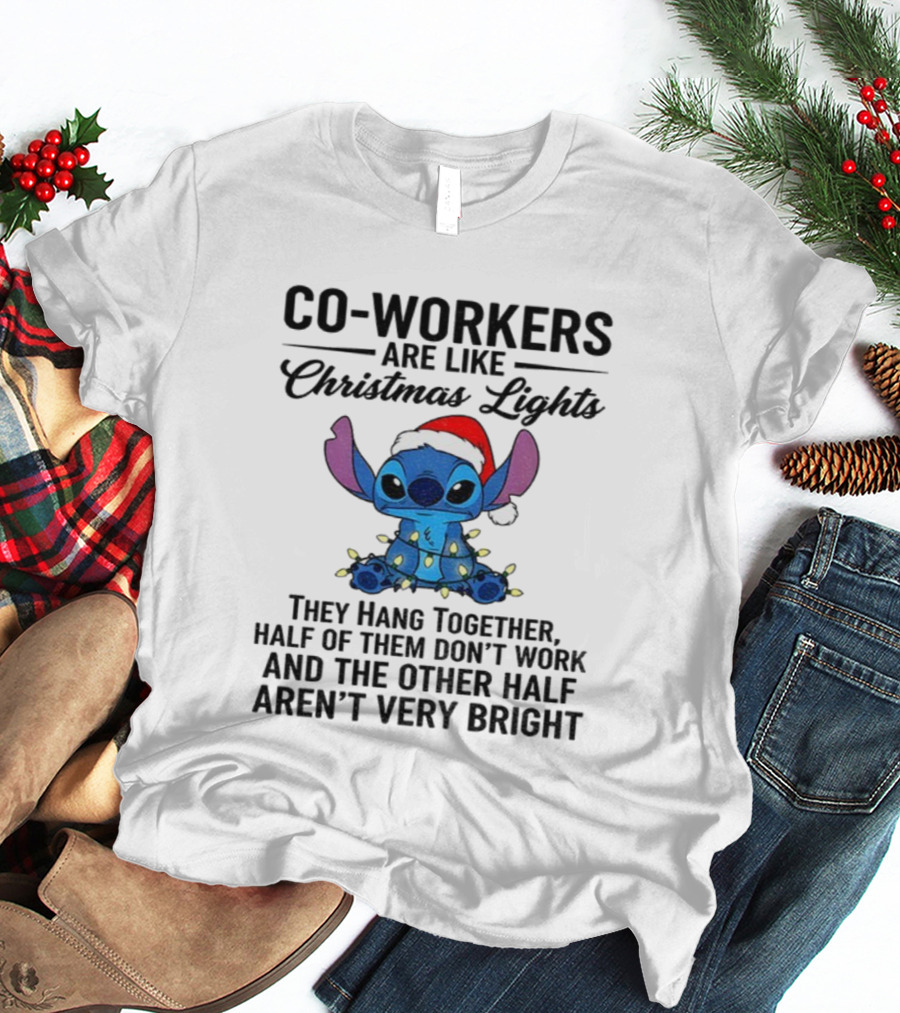 Stitch Co-Workers Are Like Christmas Lights Santa Hat Holiday Humor T-Shirt