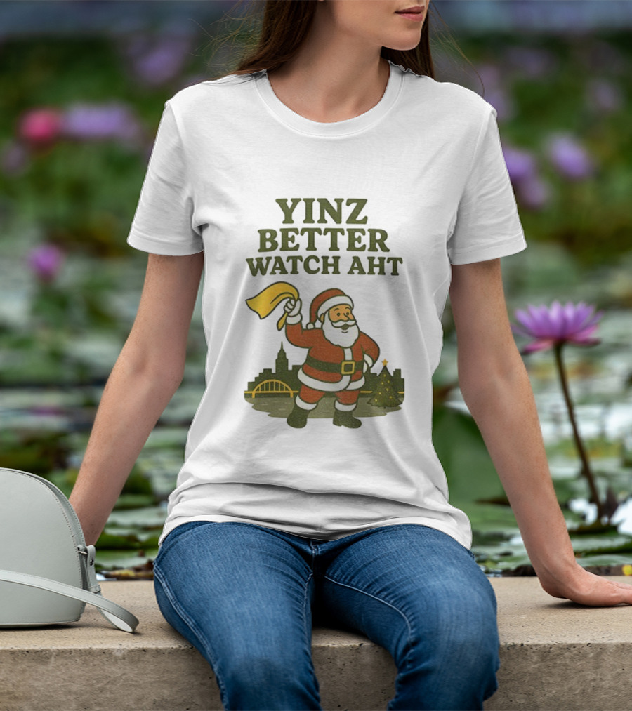 Yinz Better Aht Christmas Santa Pittsburgh Bridge Skyline T-Shirt