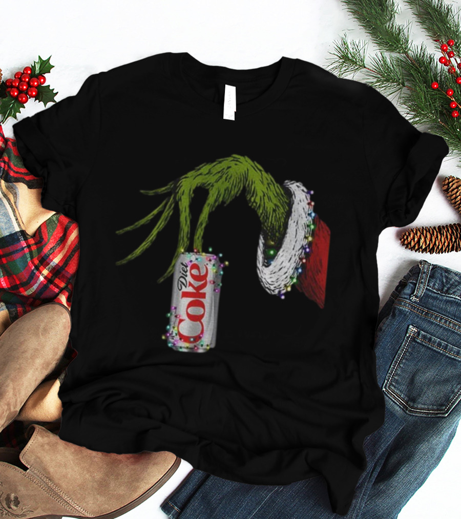 Grinch Hand Holding Diet Coke Can Wrapped In Christmas Lights Merry Christmas T-Shirt