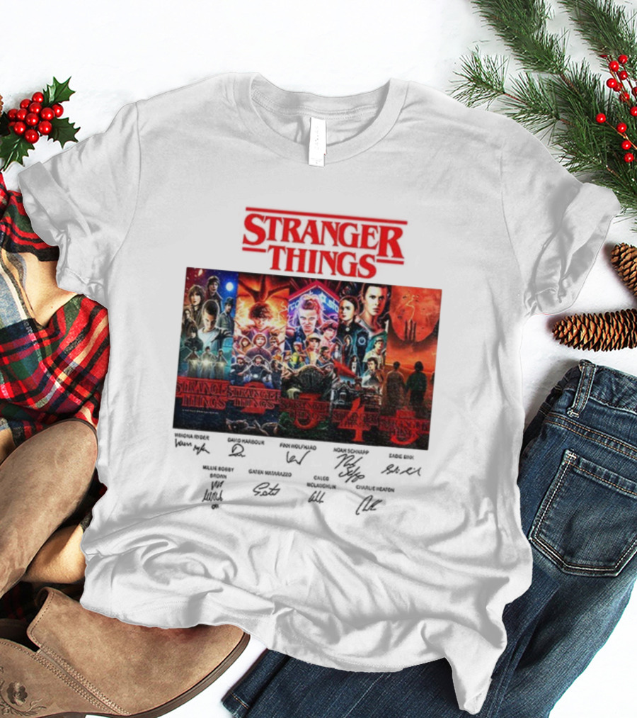 Stranger Things Seasons 1-5 Collage With Cast Signatures And Retro Logo T-Shirt