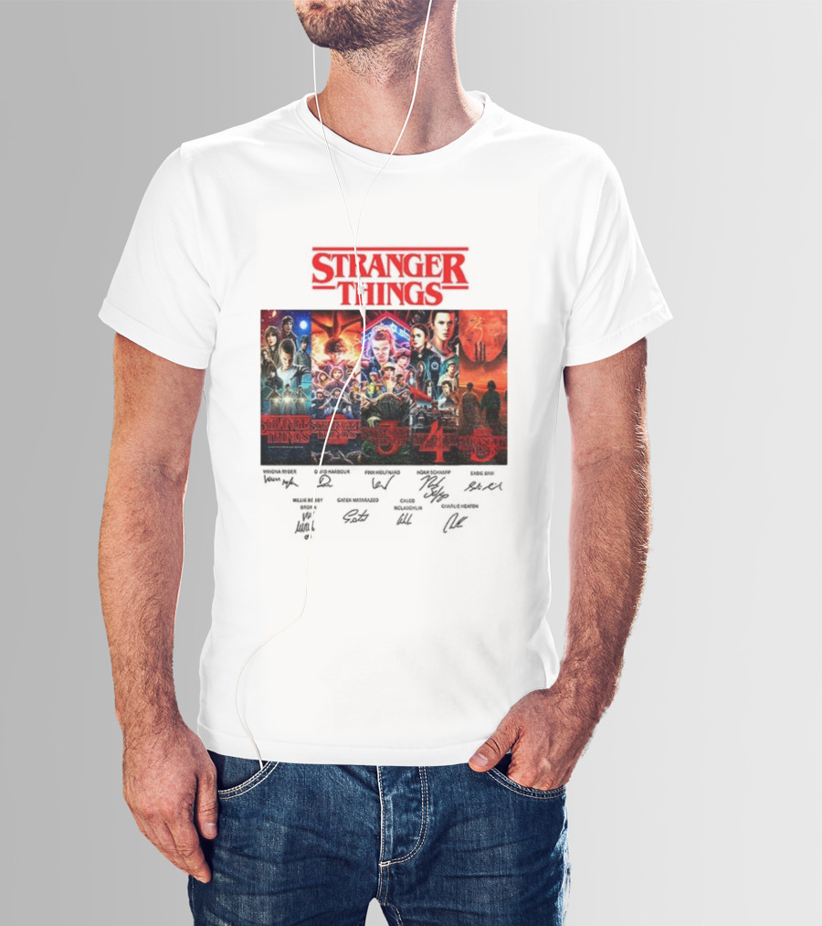 Stranger Things Seasons 1-5 Collage With Cast Signatures And Retro Logo T-Shirt
