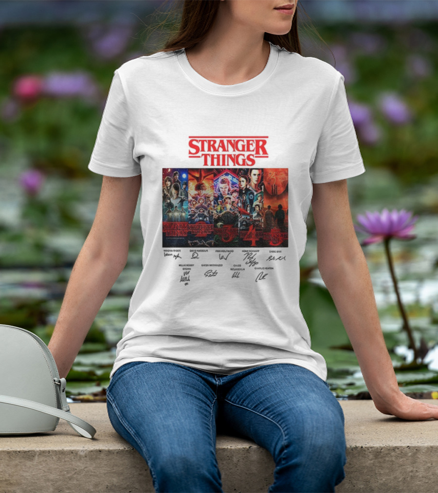 Stranger Things Seasons 1-5 Collage With Cast Signatures And Retro Logo T-Shirt