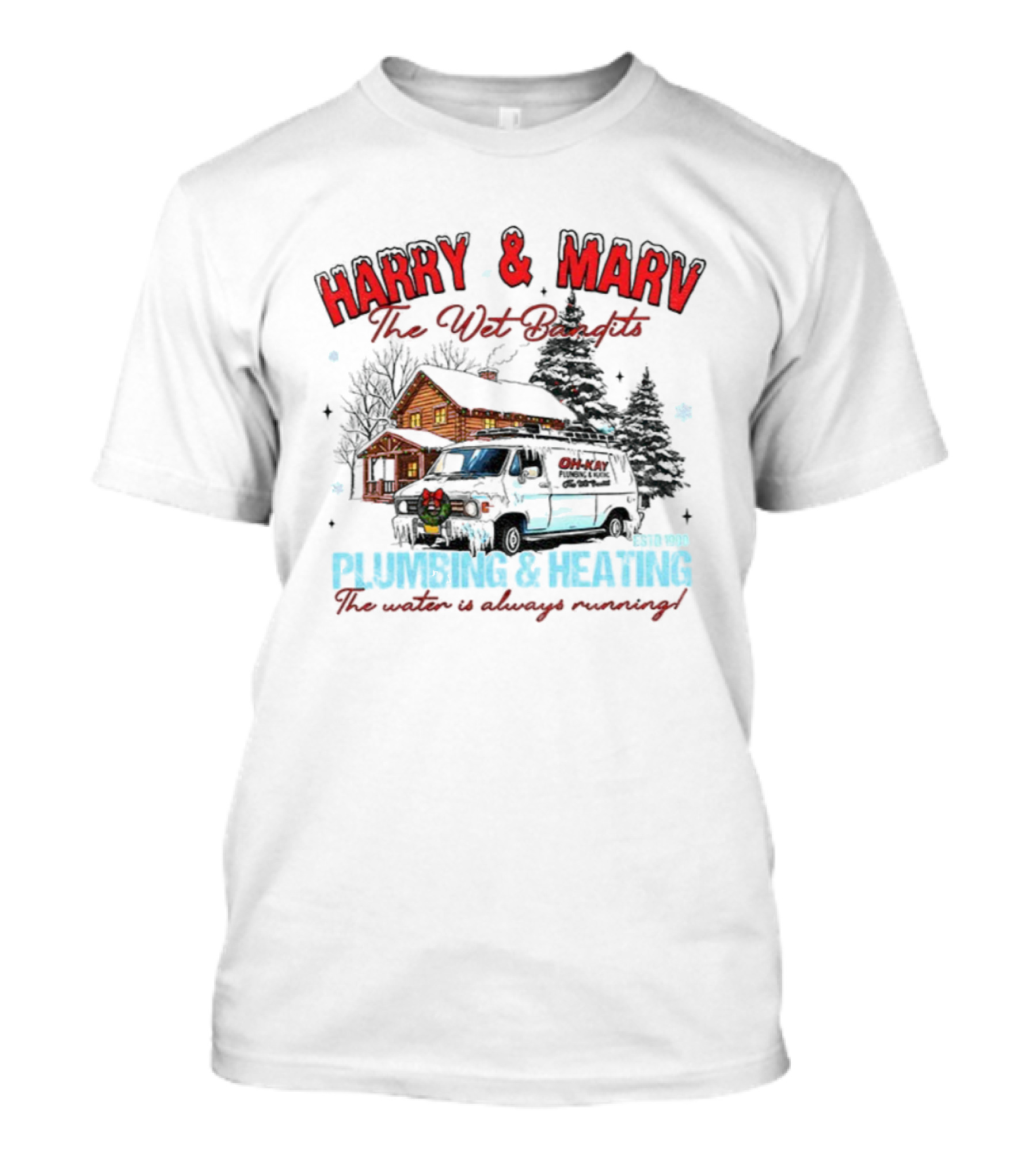 Harry And Marv The Wet Bandits Plumbing And Heating Christmas Winter Cabin Black Van T-Shirt