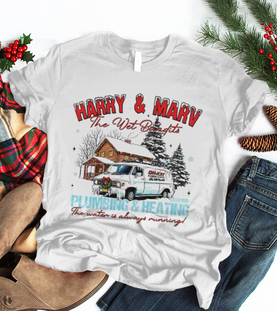 Harry And Marv The Wet Bandits Plumbing And Heating Christmas Winter Cabin Black Van T-Shirt