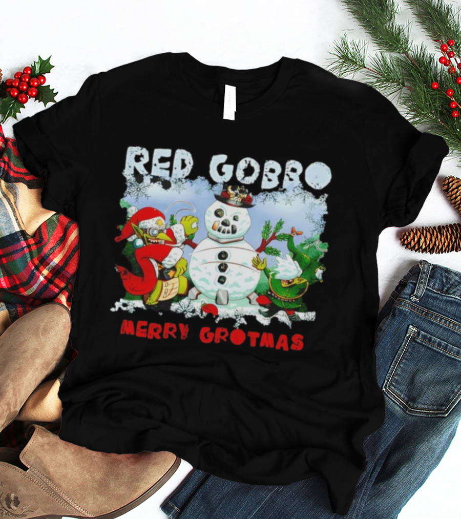 Red Gobbo Merry Grotmas Snowman Scene With Goblins Holiday Cheer T-Shirt