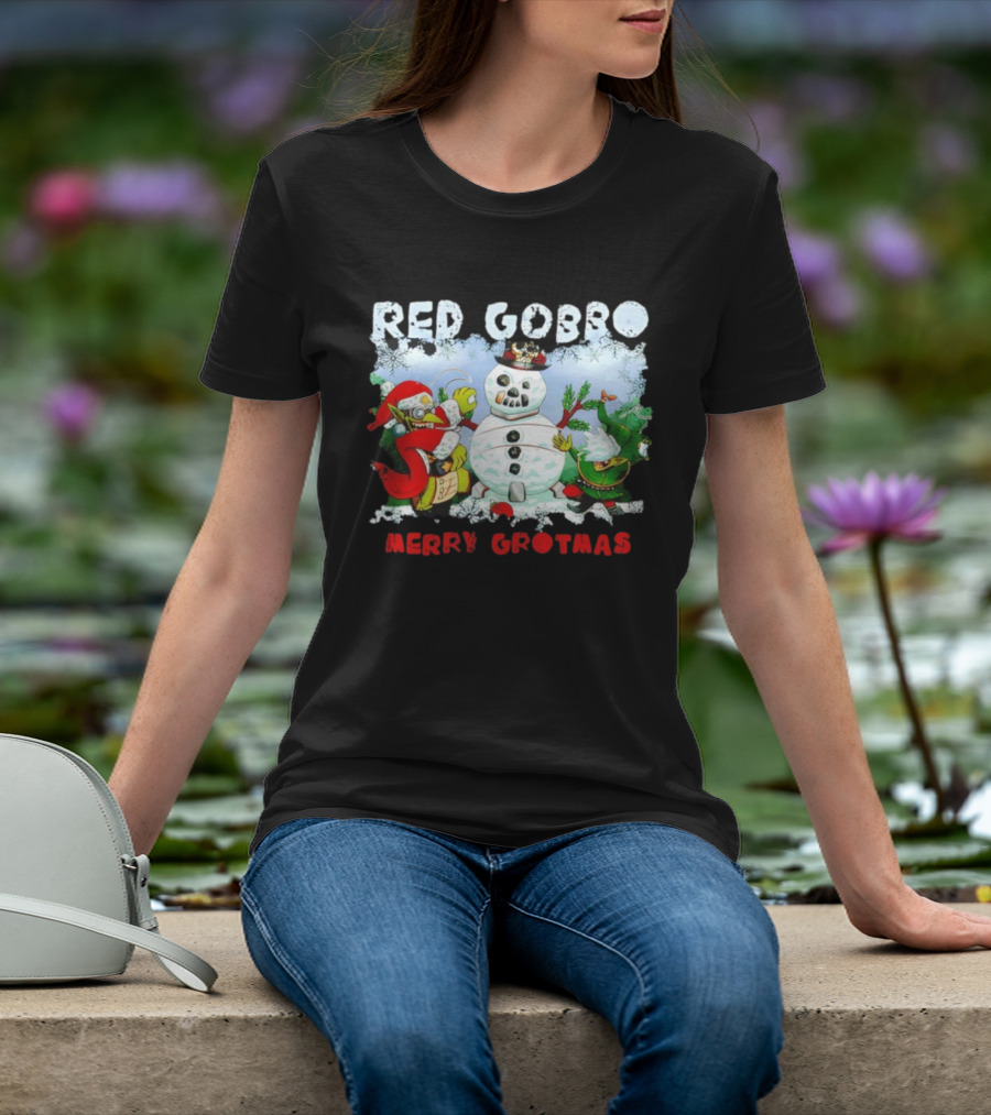 Red Gobbo Merry Grotmas Snowman Scene With Goblins Holiday Cheer T-Shirt