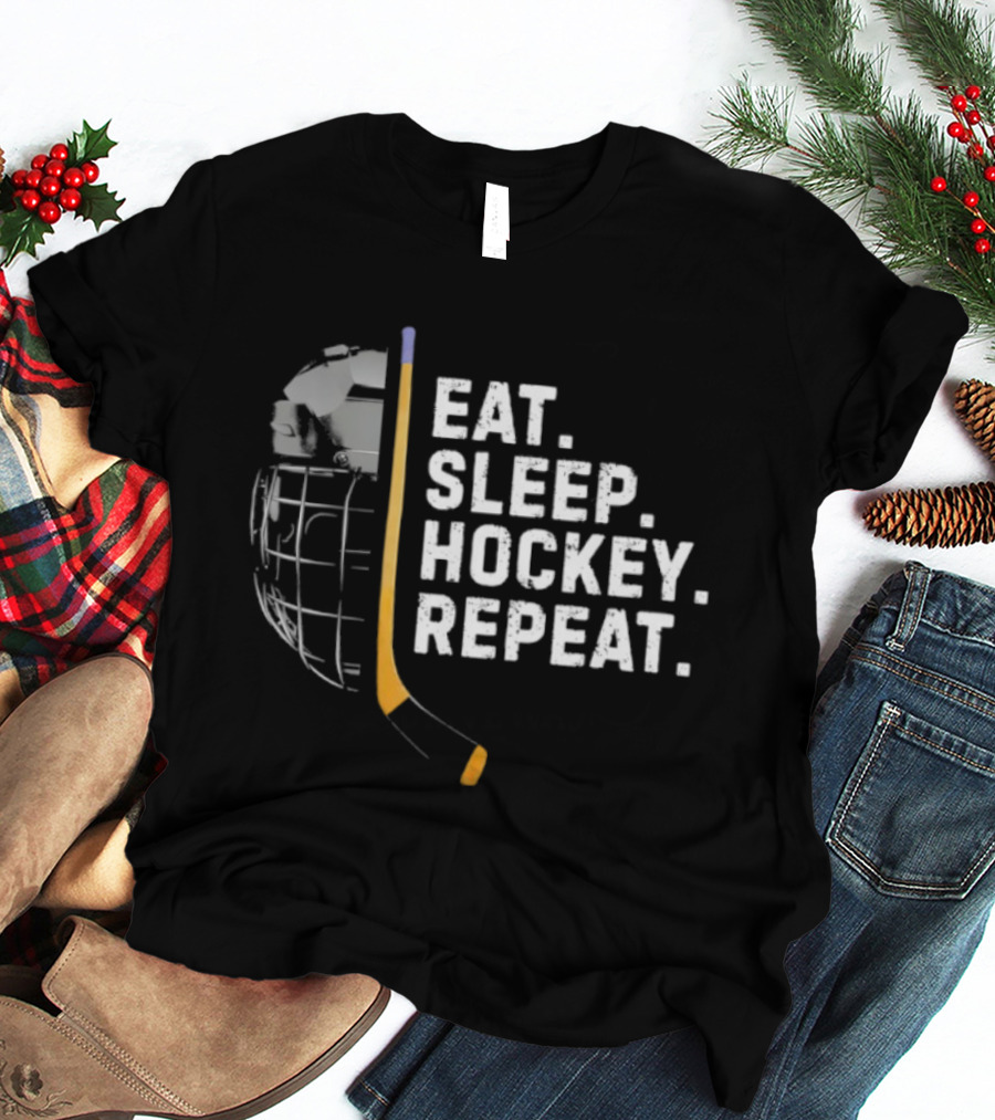 Eat Sleep Hockey Repeat Funny Cool Hockey Player Stick And Goalie Mask T-Shirt