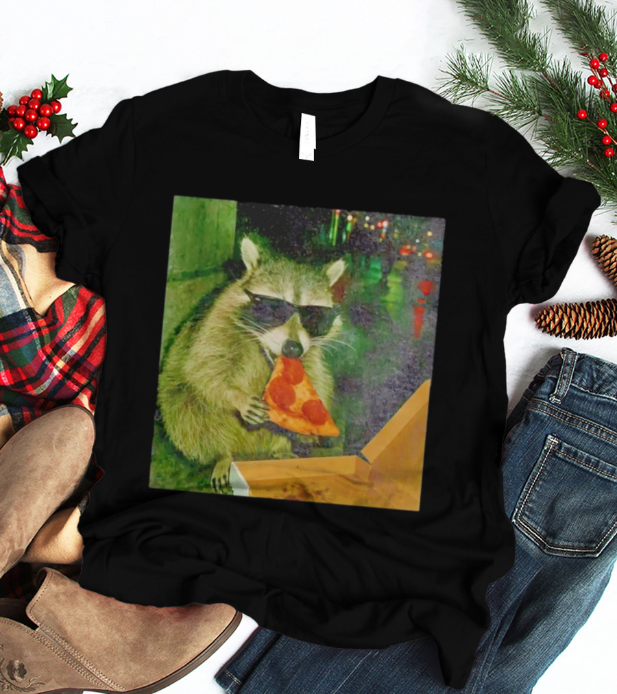 Raccoon Wearing Sunglasses Eating Pepperoni Pizza T-Shirt