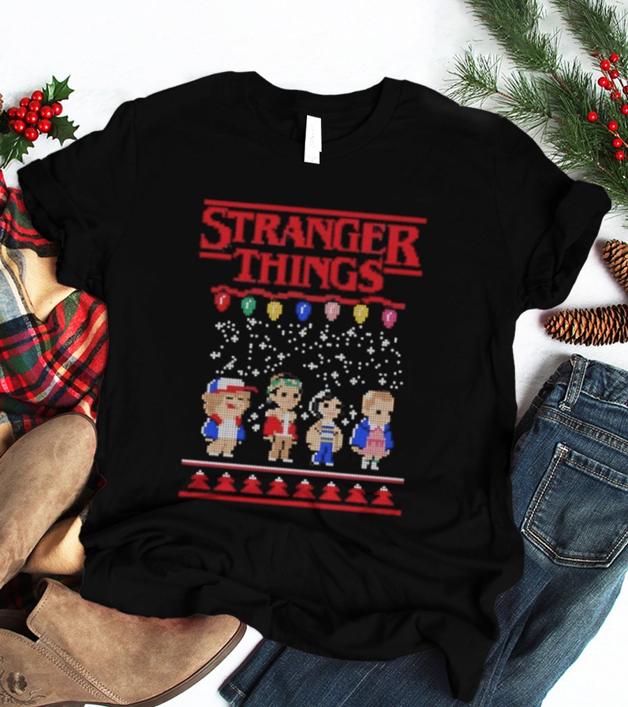Stranger Things Christmas Characters Pixel Art Holiday Sweater Theme T-Shirt