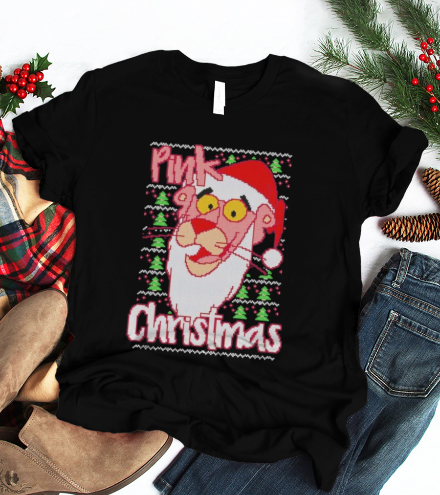 Pink Christmas Ugly Sweater Santa Hat Pink Panther T-Shirt