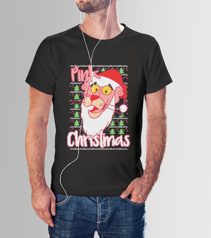Pink Christmas Ugly Sweater Santa Hat Pink Panther T-Shirt