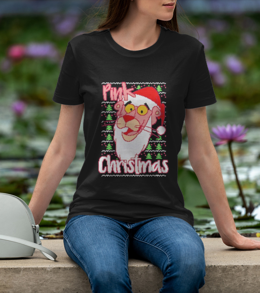 Pink Christmas Ugly Sweater Santa Hat Pink Panther T-Shirt