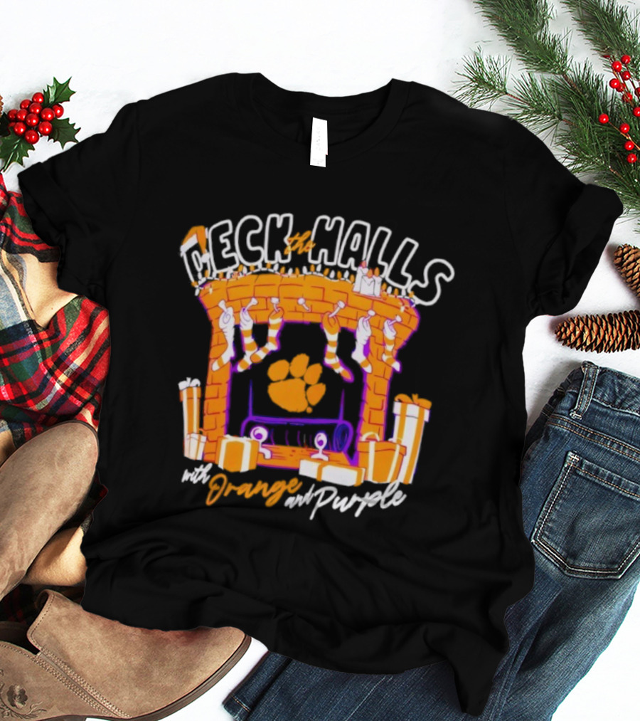 Clemson Tigers Deck The Halls With Orange And Purple Christmas Fireplace Stockings Gifts T-Shirt
