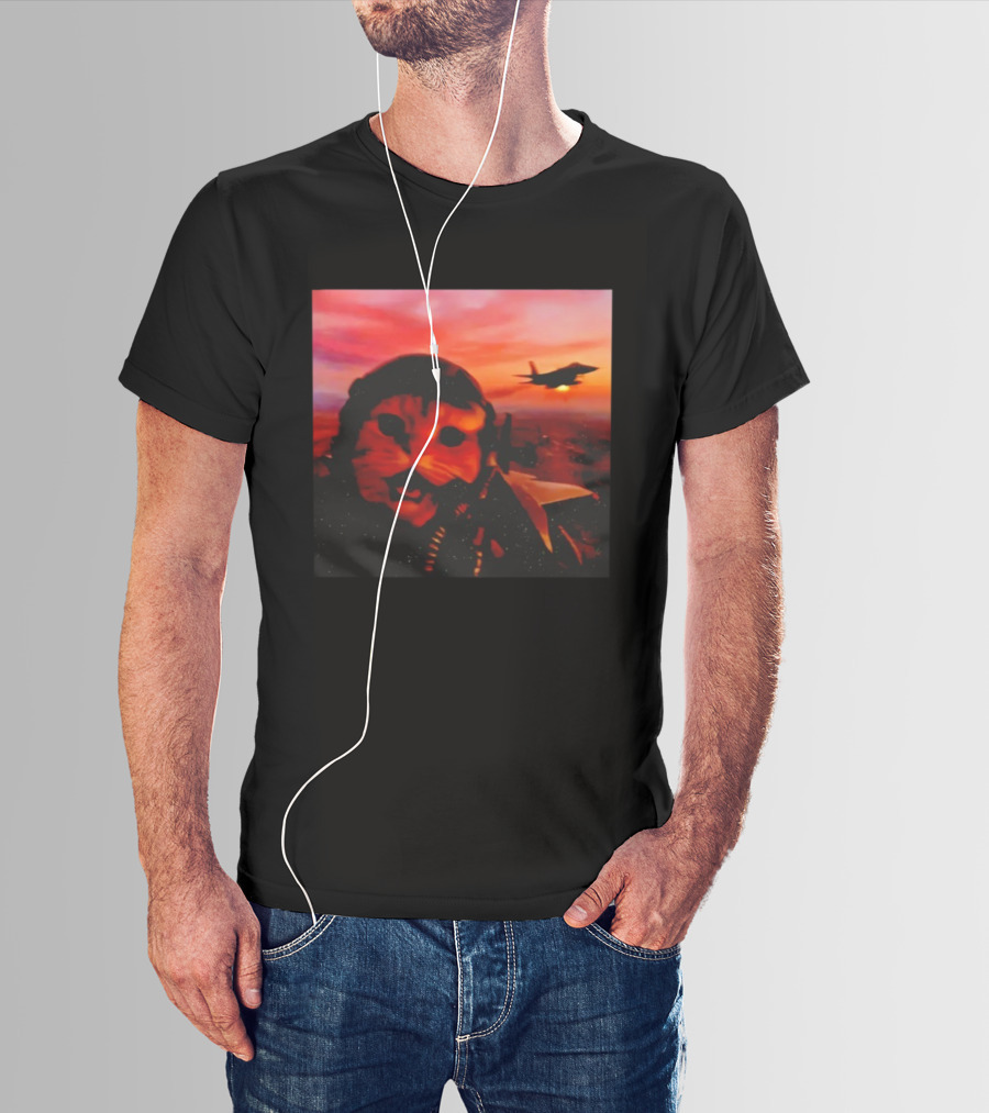 Funny Fighter Pilot Cat In Jet Helmet At Sunset With Jet Fighter T-Shirt