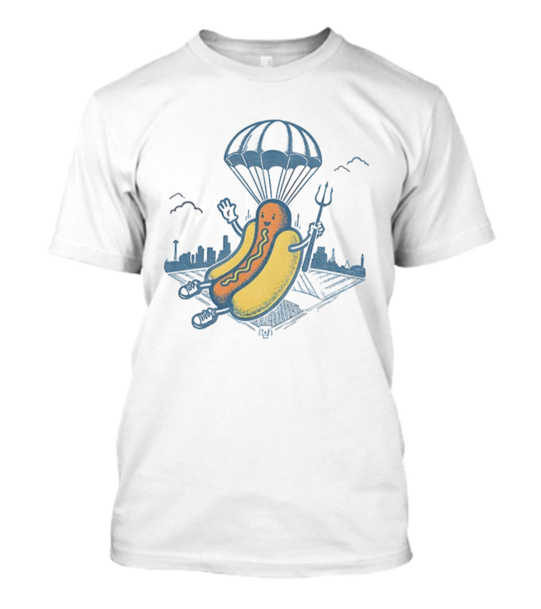 Seattle Baseball Hot Dogs From Heaven Parachuting Skyline T-Shirt