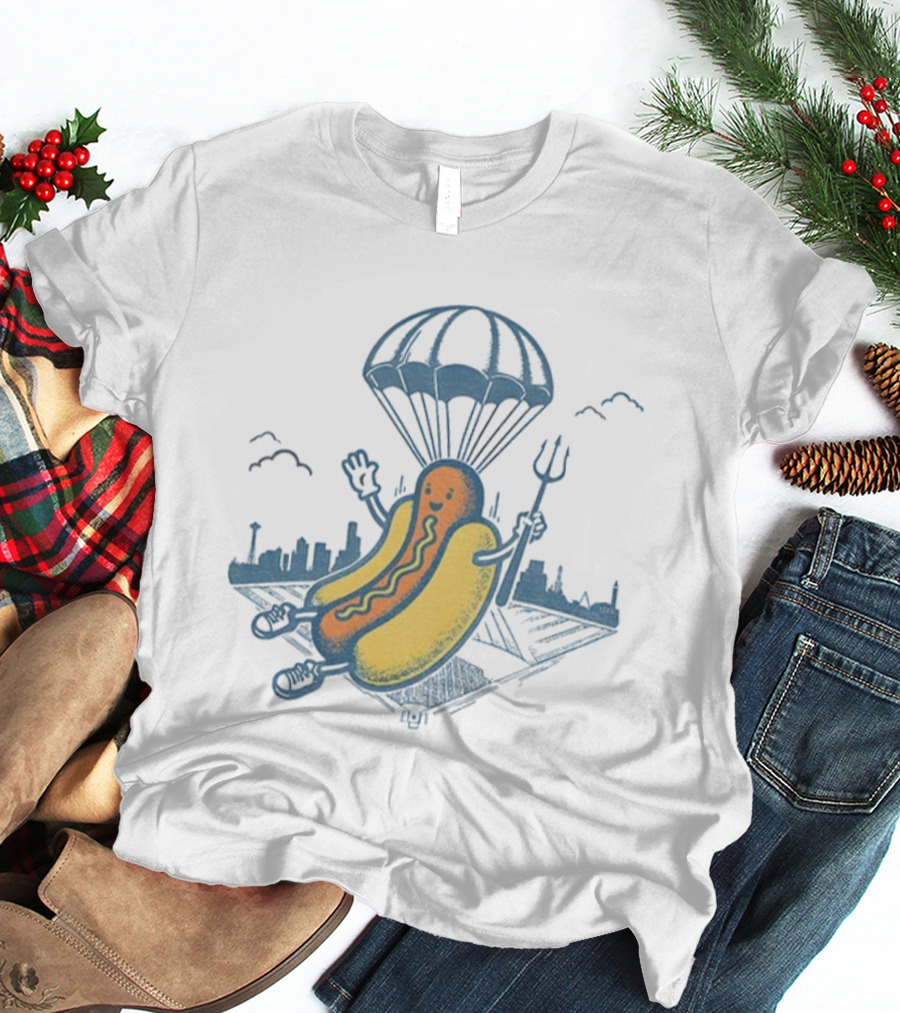 Seattle Baseball Hot Dogs From Heaven Parachuting Skyline T-Shirt
