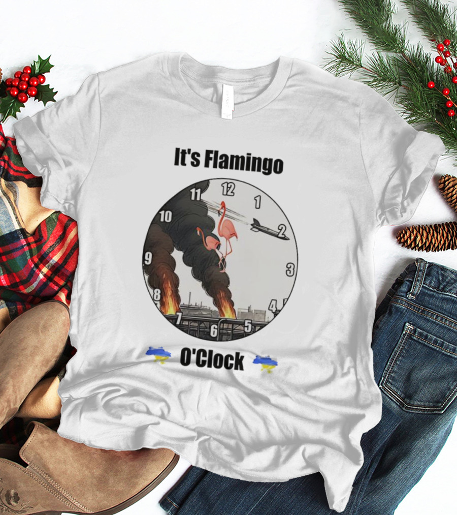Flamingo O’clock Flamingos On Face With Plane And Fire Imagery T-Shirt