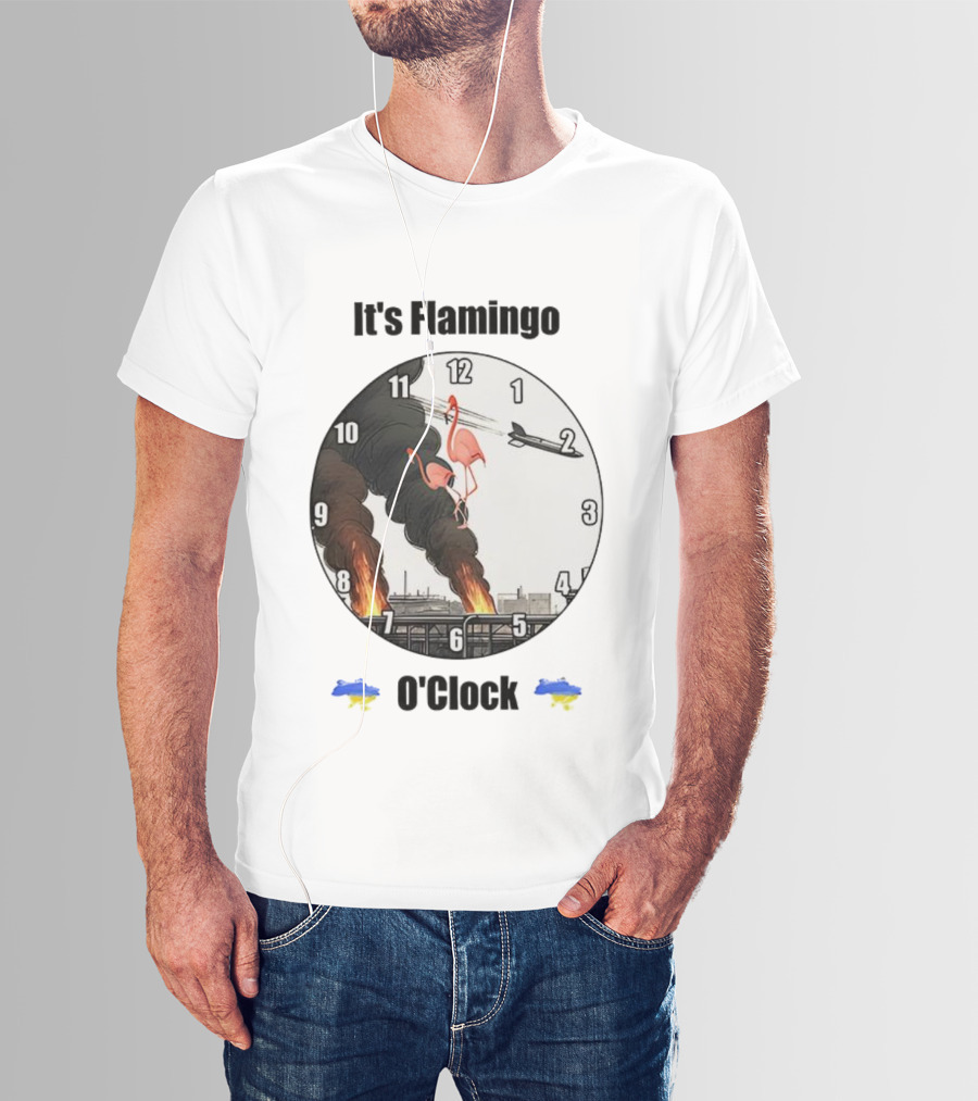 Flamingo O’clock Flamingos On Face With Plane And Fire Imagery T-Shirt