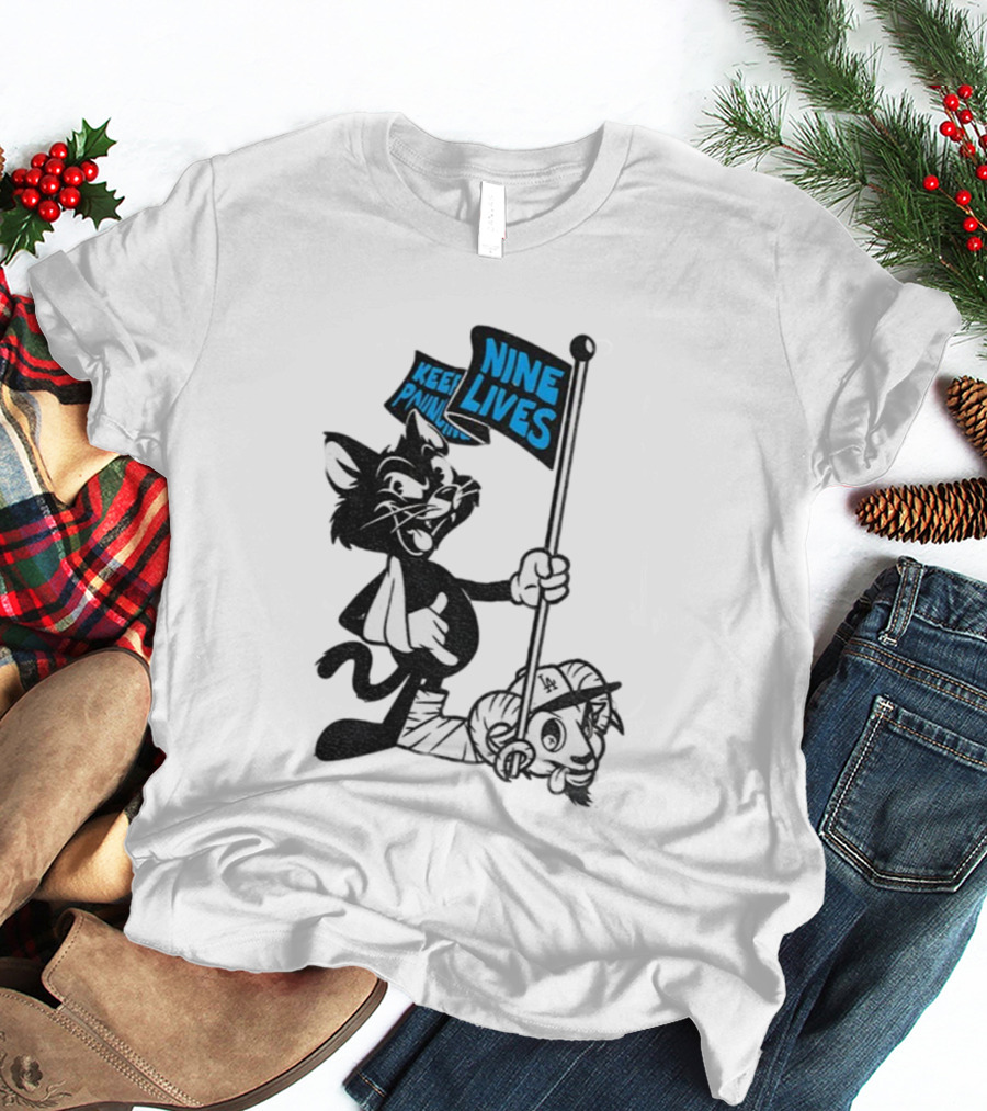 Roaring Riot Nine Lives Keep Pounding Carolina Panthers Beat LA Dodgers Goat T-Shirt