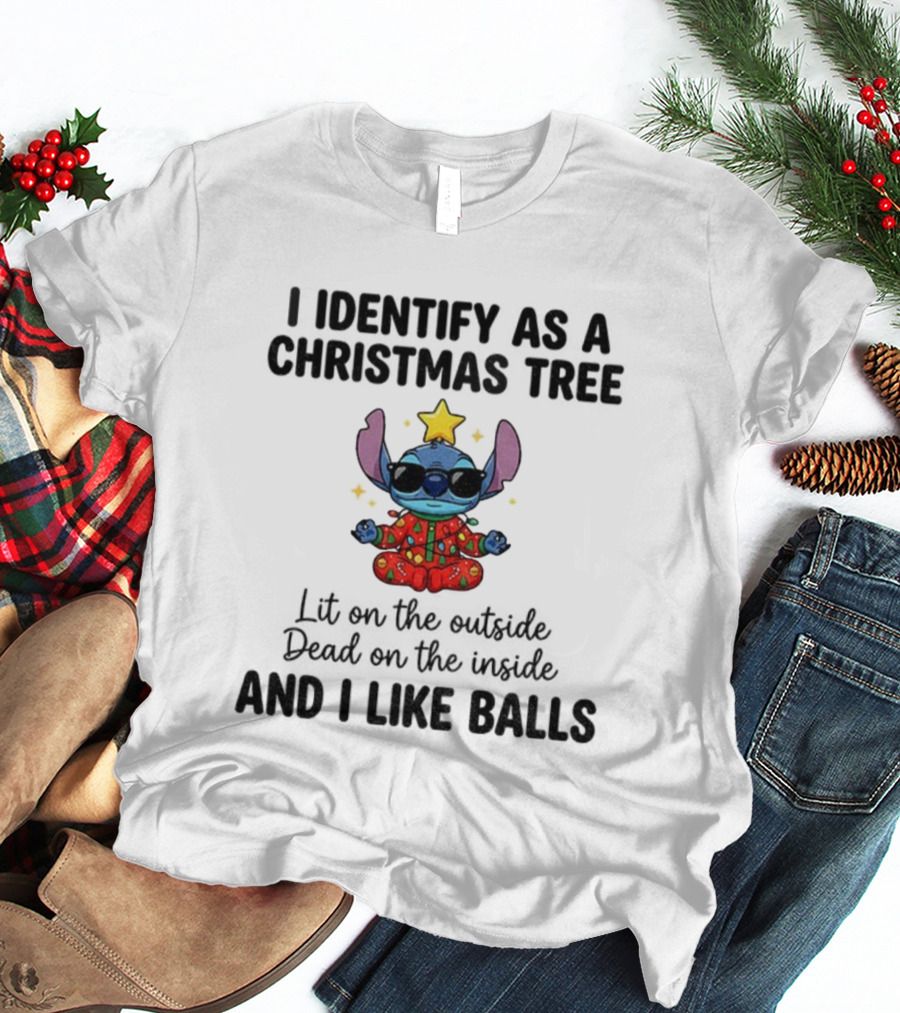 Stitch I Identify As A Christmas Tree Lit On The Outside Dead On The Inside And I Like Balls Christmas Pajama Star Glasses T-Shirt