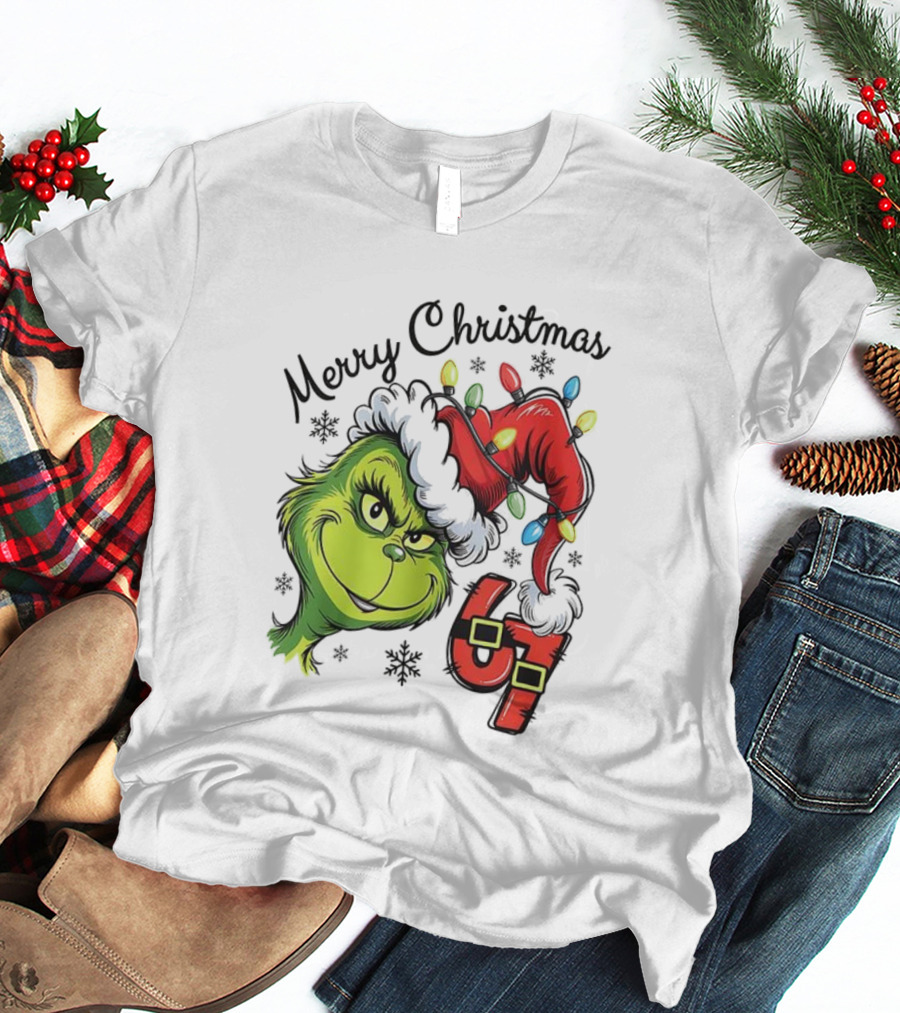 Grinch Merry Christmas 67 Festive Santa Hat Holiday Spirit T-Shirt