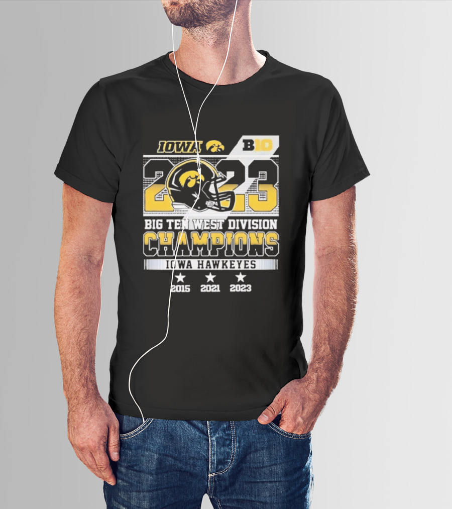 Iowa Hawkeyes Big Ten West Division Champions 2023 Helmet Logo With 2015 2021 Titles T-Shirt
