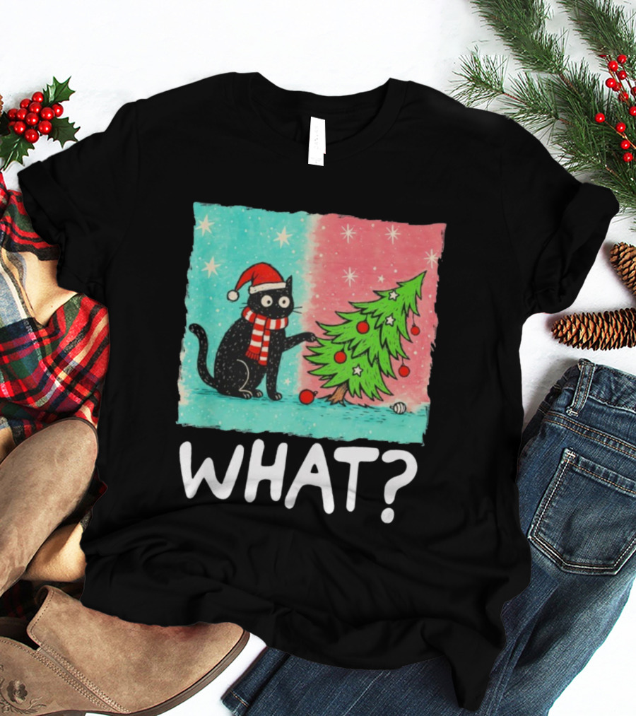 Black Cat Santa Hat Pushing Christmas Tree What T-Shirt