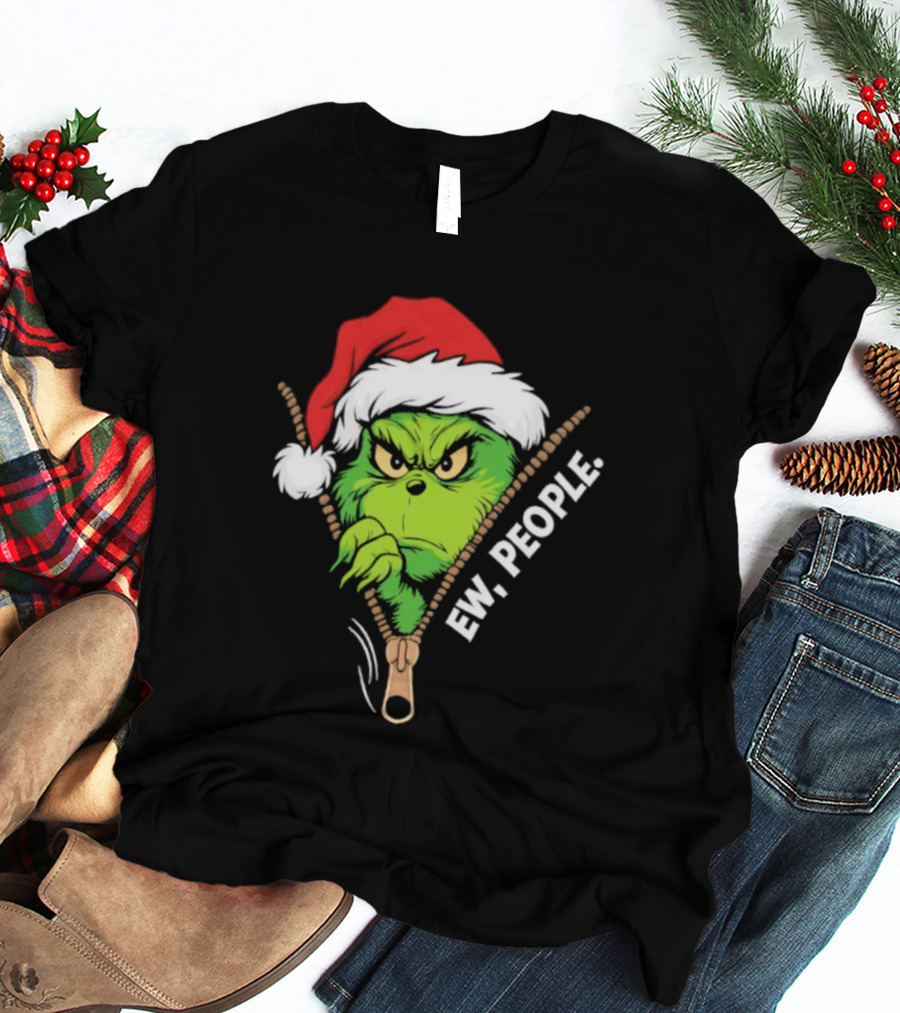 Grinch Ew People Christmas Green Monster Santa Hat T-Shirt