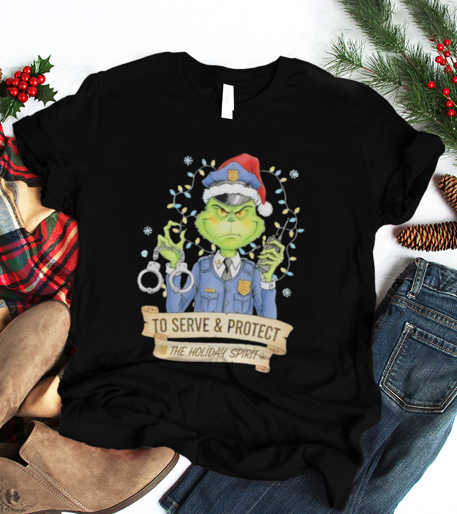 Grinch Police To Serve Protect Holiday Spirit Christmas Lights Handcuffs T-Shirt
