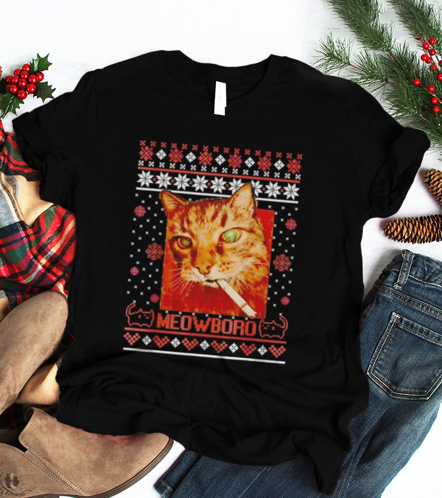 Meowboro Smoking Cat Christmas Ugly Funny Holiday T-Shirt