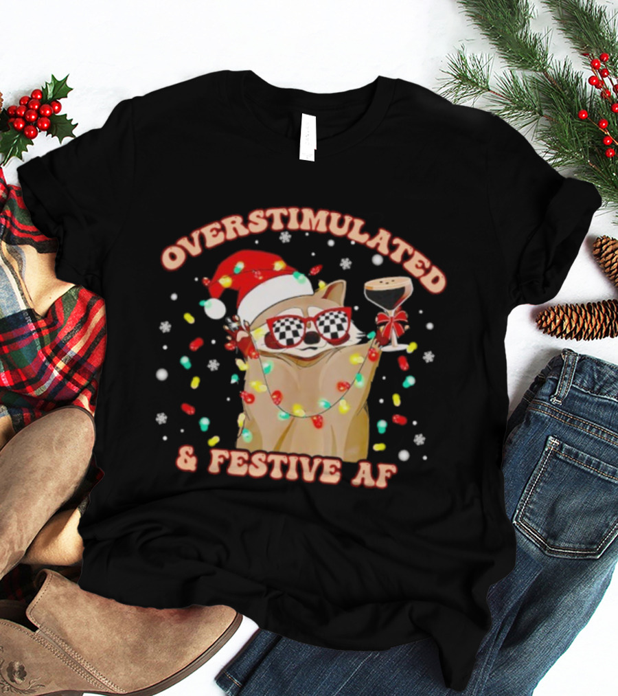 Overstimulated Raccoon Santa Hat And Festive Lights Holding Holiday Drink T-Shirt