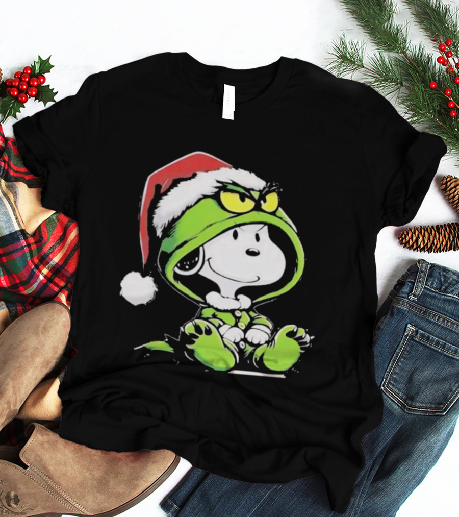 Snoopy Grinch Christmas Santa Hat Character Crossover T-Shirt