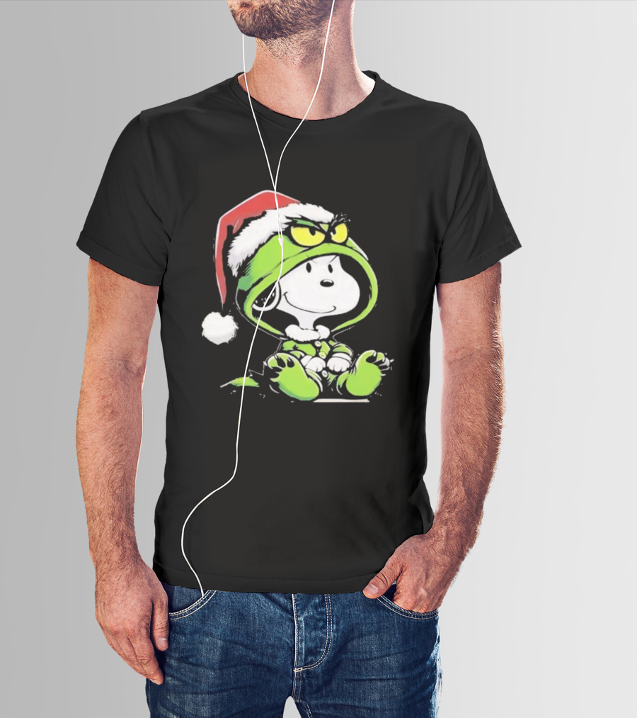Snoopy Grinch Christmas Santa Hat Character Crossover T-Shirt