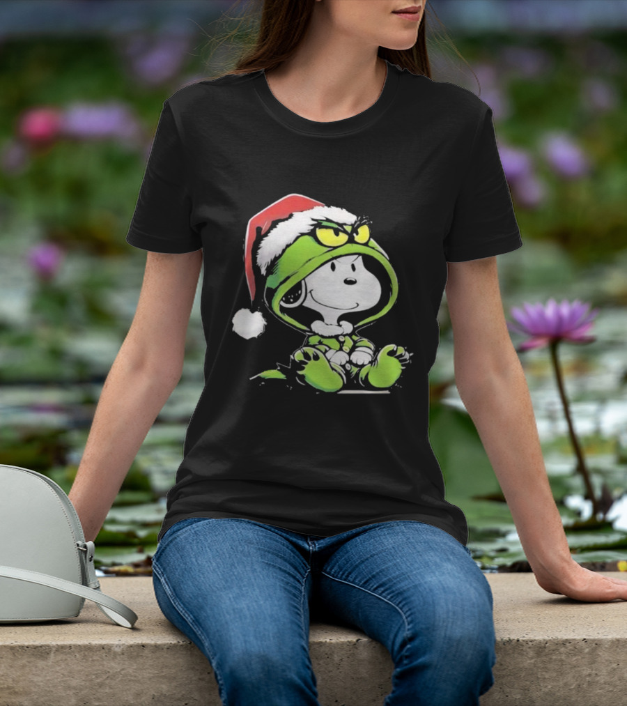 Snoopy Grinch Christmas Santa Hat Character Crossover T-Shirt