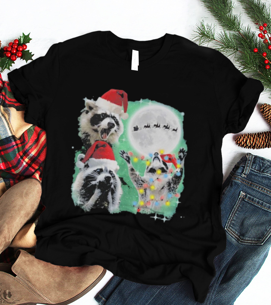 Three Raccoons Santa Hats Christmas Moon Lights Sleigh T-Shirt