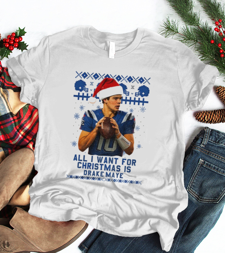 Drake Maye Santa Hat New England Patriots Football Christmas Wishes T-Shirt