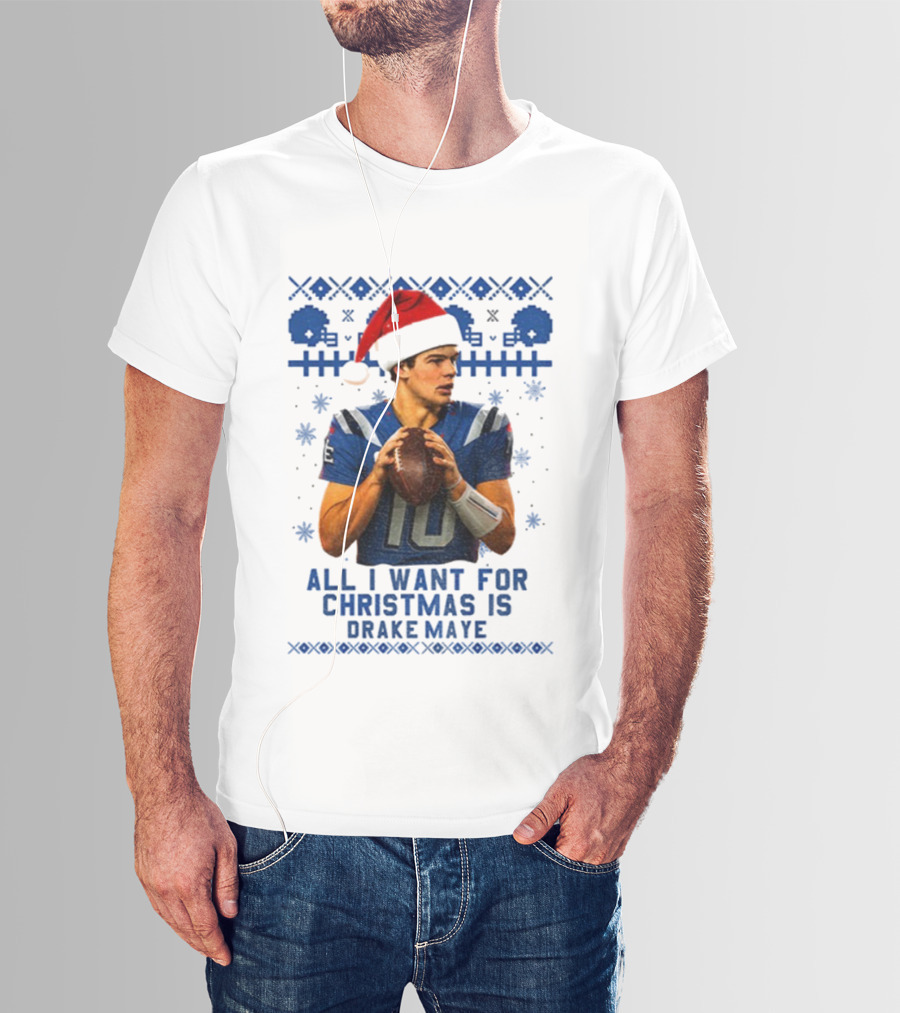 Drake Maye Santa Hat New England Patriots Football Christmas Wishes T-Shirt