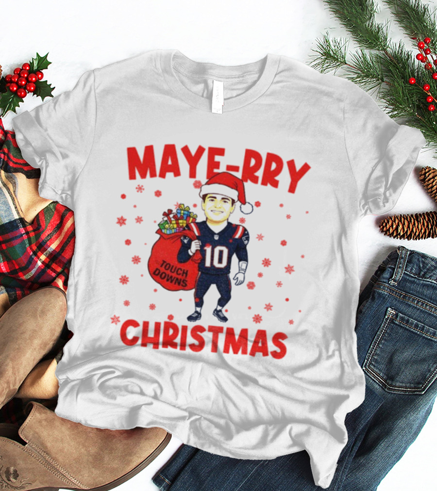 Maye-rry Christmas Drake Maye Santa Hat Touchdowns T-Shirt
