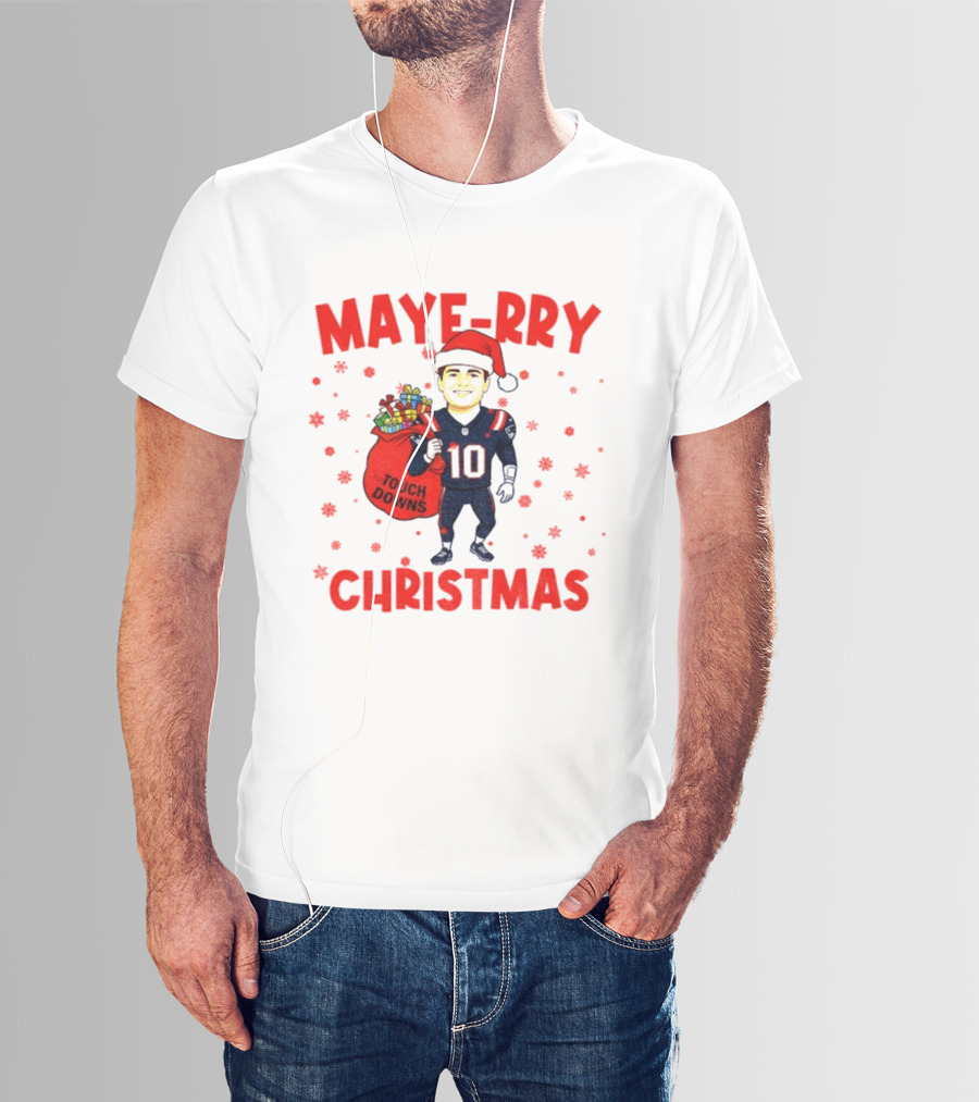 Maye-rry Christmas Drake Maye Santa Hat Touchdowns T-Shirt