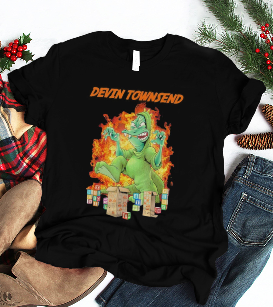 Devin Townsend Godziltoid Cartoon Dinosaur Blocks Fire Design T-Shirt