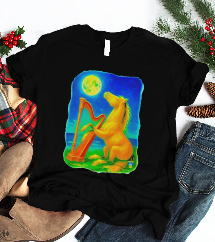 Magical Moonlit Horse Harp Player Fantasy Scene For Horse Lovers T-Shirt